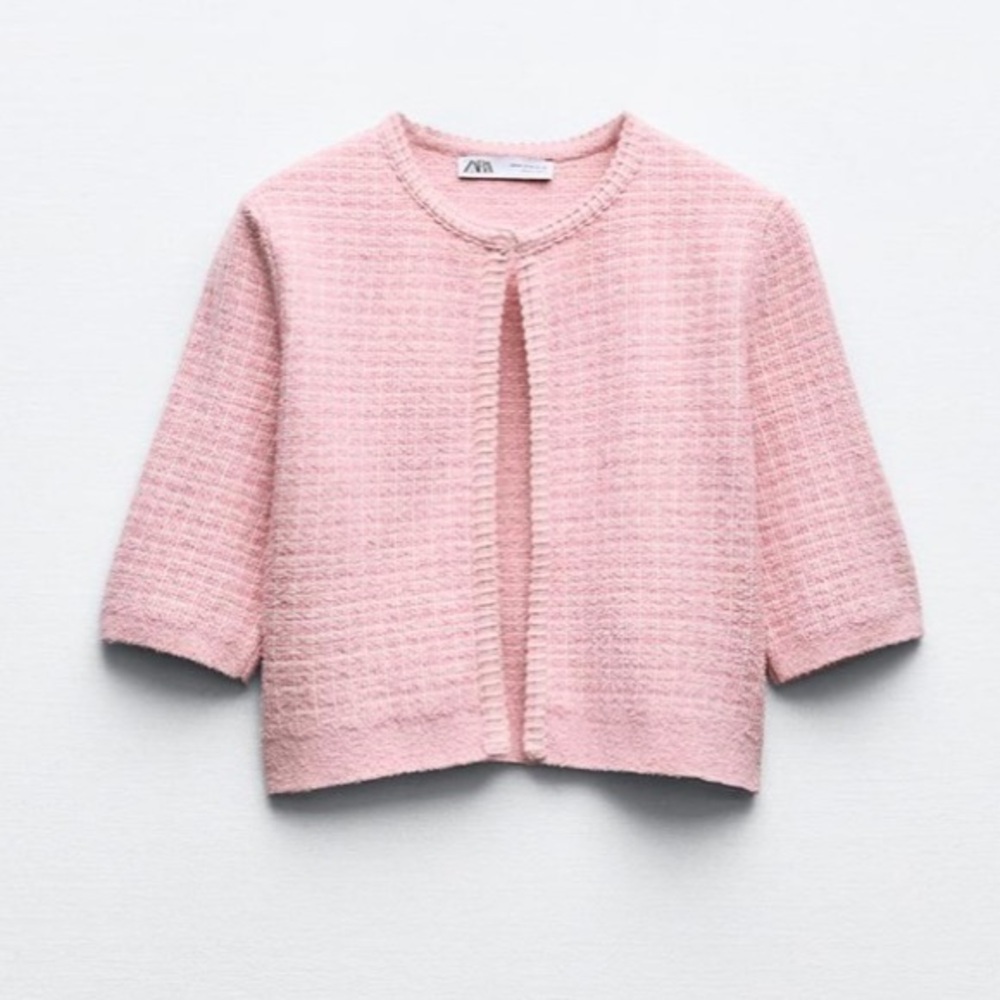 ZARA Open Cropped Sweater Top Short Sleeves Pink S NWT - Picture 2 of 8